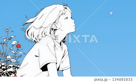 ぼんやり空を見上げている若い女性（シンプルな色使い）