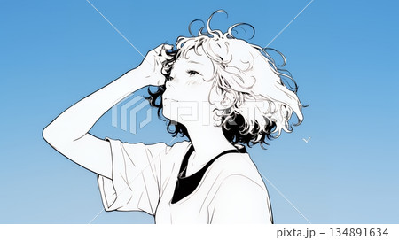 ぼんやり空を見上げている若い女性（シンプルな色使い）