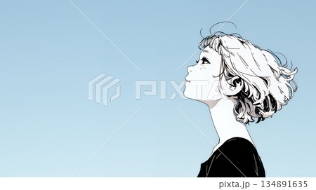 ぼんやり空を見上げている若い女性（シンプルな色使い）
