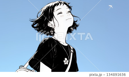 ぼんやり空を見上げている若い女性（シンプルな色使い）