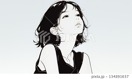 ぼんやり空を見上げている若い女性（シンプルな色使い）