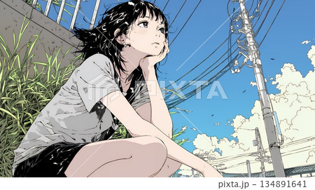 ぼんやり空を見上げている若い女性