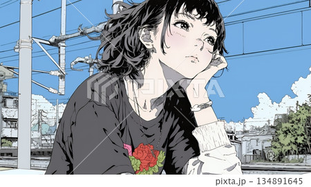 ぼんやり空を見上げている若い女性 ぼんやり空を見上げている若い女性 134891645