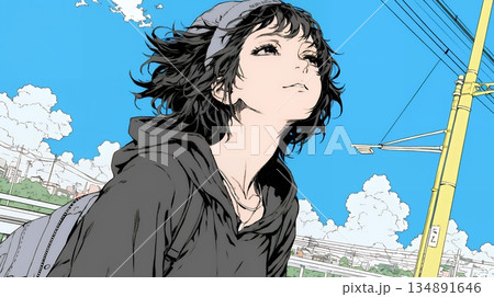 ぼんやり空を見上げている若い女性