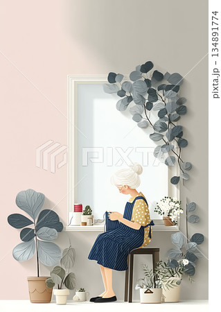 美優シリーズ：椅子に座って静かに編み物をするシニア女性（観葉植物・内省的） 134891774