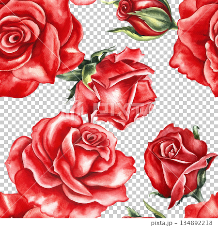 Seamless pattern with red roses. Hand-drawn watercolor illustration. Perfect for wedding and Valentine's Day decor. Also suitable for textiles, wrapping paper, wallpaper, and packaging, and more. Seamless pattern with red roses. Hand-drawn watercolor illustration. Perfect for wedding and Valentine's Day decor. Also suitable for textiles, wrapping paper, wallpaper, and packaging, and more. 134892218