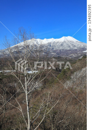 早春の快晴の青空をバックに残雪の御嶽山を望む 134892395
