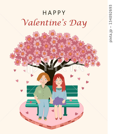 valentines day couple under cherry blossom heart tree in romantic garden flat vector illustration 134892693