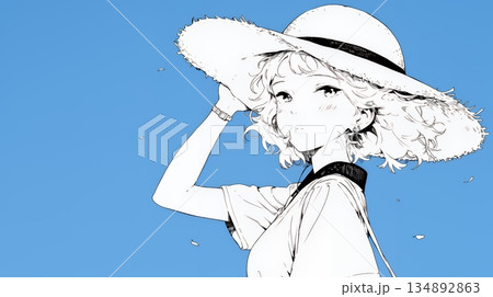 春風に飛ばされそうな帽子を、手で押さえる若い女性（シンプルな色使い）