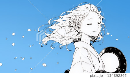 春風に飛ばされそうな帽子を、手で押さえる若い女性（シンプルな色使い）