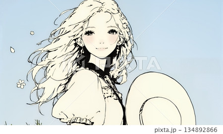 春風に飛ばされそうな帽子を、手で押さえる若い女性（シンプルな色使い）