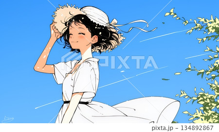 春風に飛ばされそうな帽子を、手で押さえる若い女性（シンプルな色使い）