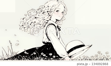 春風に飛ばされそうな帽子を、手で押さえる若い女性（シンプルな色使い）