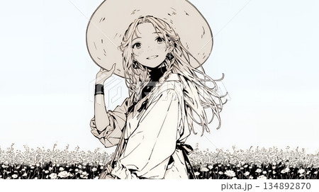 春風に飛ばされそうな帽子を、手で押さえる若い女性（シンプルな色使い）