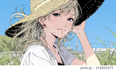 春風に飛ばされそうな帽子を、手で押さえる若い女性