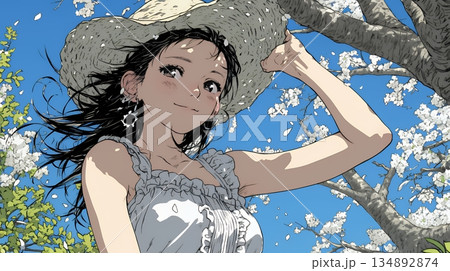 春風に飛ばされそうな帽子を、手で押さえる若い女性