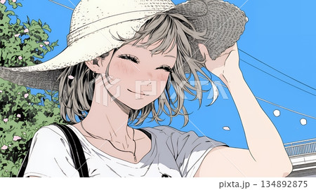 春風に飛ばされそうな帽子を、手で押さえる若い女性春風に飛ばされそうな帽子を、手で押さえる若い女性