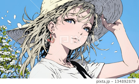 春風に飛ばされそうな帽子を、手で押さえる若い女性 134892879