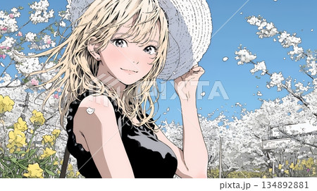 春風に飛ばされそうな帽子を、手で押さえる若い女性