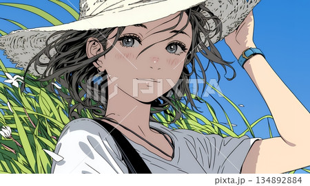 春風に飛ばされそうな帽子を、手で押さえる若い女性 134892884