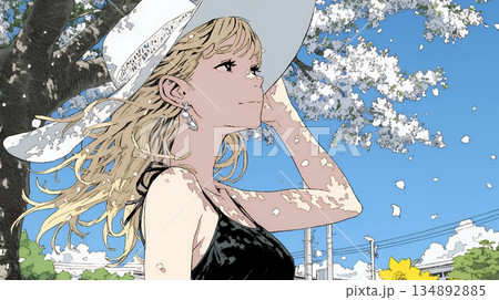 春風に飛ばされそうな帽子を、手で押さえる若い女性