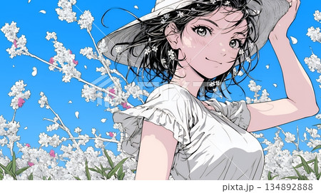 春風に飛ばされそうな帽子を、手で押さえる若い女性