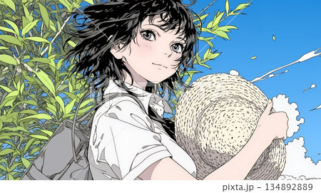 春風に飛ばされそうな帽子を、手で押さえる若い女性