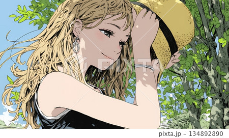 春風に飛ばされそうな帽子を、手で押さえる若い女性