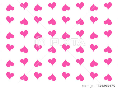 A vibrant flat lay of numerous small pink hearts arranged in rows on a white background with a playful and romantic mood. 134893475