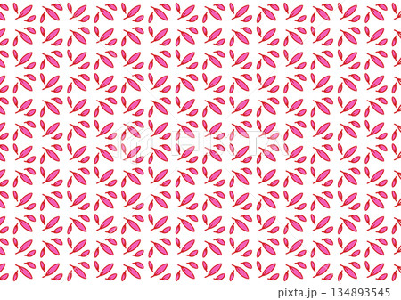 Close-up of a seamless pattern featuring pink and white geometric floral shapes on a white background with a repeating design. 134893545