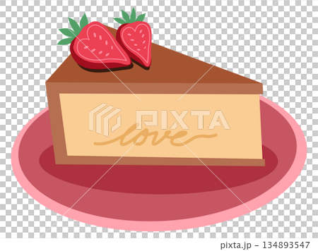 Slice of Cheesecake with Heart Shaped Strawberries and Love Text Illustration Slice of Cheesecake with Heart Shaped Strawberries and Love Text Illustration 134893547