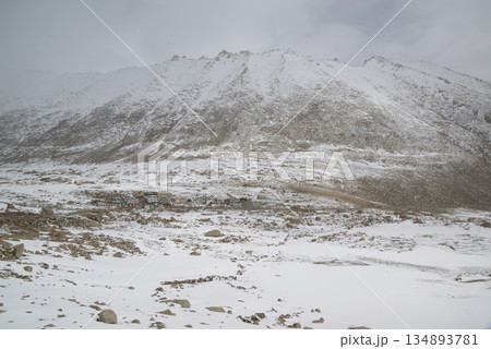 Changla Pass, one of the highest motorable roads in the world, at 5,275 meters above sea level, travels between Leh Ladakh and Pangong Lake. Located at Leh in India. Changla Pass, one of the highest motorable roads in the world, at 5,275 meters above sea level, travels between Leh Ladakh and Pangong Lake. Located at Leh in India. 134893781
