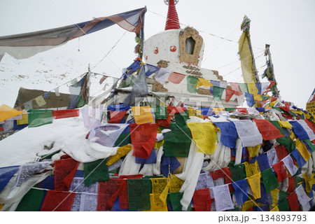 Tibetan-style pagodas along the roadside at Changla Pass, one of the highest motorable roads in the world, at 5,275 meters above sea level, travels between Leh Ladakh and Pangong Lake. Located at Leh. Tibetan-style pagodas along the roadside at Changla Pass, one of the highest motorable roads in the world, at 5,275 meters above sea level, travels between Leh Ladakh and Pangong Lake. Located at Leh. 134893793