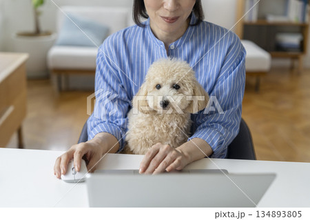 愛犬を抱いてパソコンで作業をするミドル女性の手元　在宅勤務イメージ 134893805