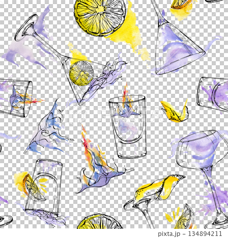 Seamless pattern combining sambuca flames, citrus slices, and lavender hues cocktails and shots. Violet liqueur, transparent spirits. Watercolor and ink hand drawn for party goods or kitchen decor. Seamless pattern combining sambuca flames, citrus slices, and lavender hues cocktails and shots. Violet liqueur, transparent spirits. Watercolor and ink hand drawn for party goods or kitchen decor. 134894211