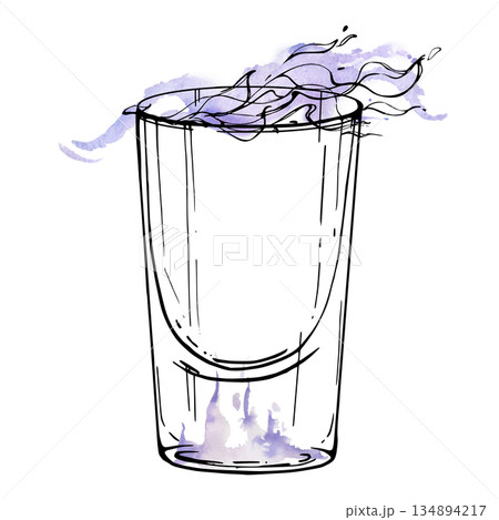 Luminous flaming shot glass in lavender and violet watercolor tones. Vodka gin sambuca martini soju grappa tequila spirits isolated illustration. Great for dramatic cocktail series or club visuals. 134894217