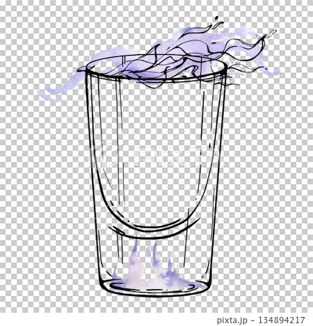 Luminous flaming shot glass in lavender and violet watercolor tones. Vodka gin sambuca martini soju grappa tequila spirits isolated illustration. Great for dramatic cocktail series or club visuals. 134894217