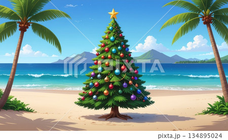 ハワイクリスマス。南国ハワイの青い海の砂浜に立つクリスマスツリー 134895024