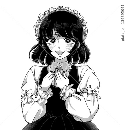 レトロ少女漫画イラスト・胸に手を当てて喜ぶメイドさん レトロ少女漫画イラスト・胸に手を当てて喜ぶメイドさん 134895041