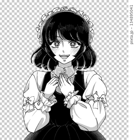 レトロ少女漫画イラスト・胸に手を当てて喜ぶメイドさん レトロ少女漫画イラスト・胸に手を当てて喜ぶメイドさん 134895041