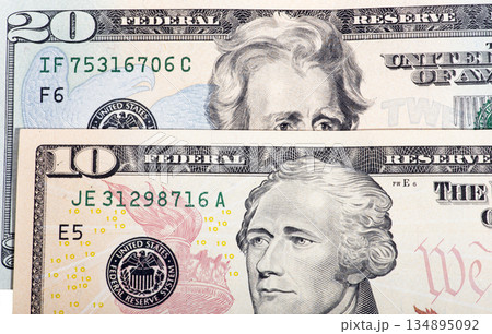 Fragment 10 and 20 dollar bills closeup 134895092
