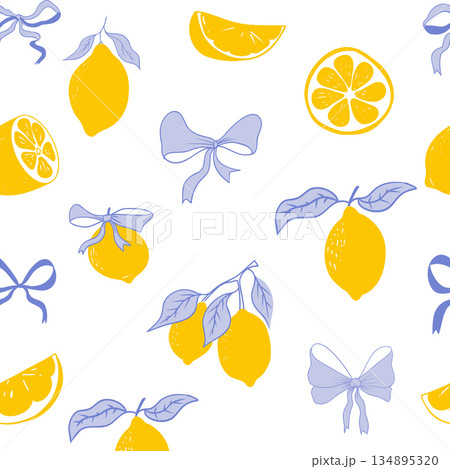 Cute coquette print lemon pattern, bow, stripes. Floral trellis citrus bg, background. Lemon with leaves, lemon slice, part. Cute coquette print lemon pattern, bow, stripes. Floral trellis citrus bg, background. Lemon with leaves, lemon slice, part. 134895320