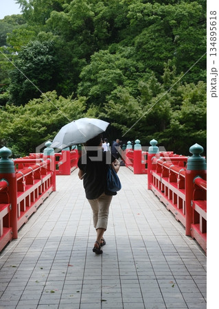 Lone Walker Crossing Red Bridge Pathway 134895618