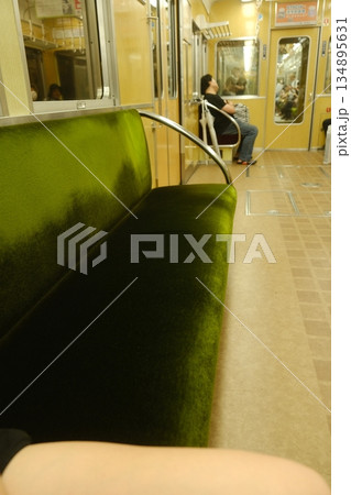 Vintage Train Interior Emerald Green Seating Vintage Train Interior Emerald Green Seating 134895631