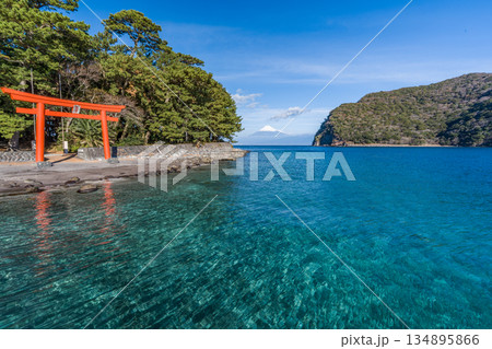 諸口神社　鳥居と駿河湾と富士山　「沼津市戸田」 134895866
