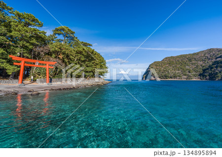 諸口神社　鳥居と駿河湾と富士山　「沼津市戸田」 134895894