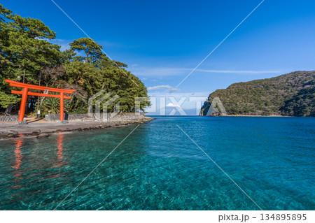 諸口神社　鳥居と駿河湾と富士山　「沼津市戸田」 134895895