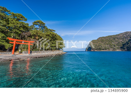 諸口神社　鳥居と駿河湾と富士山　「沼津市戸田」 134895900