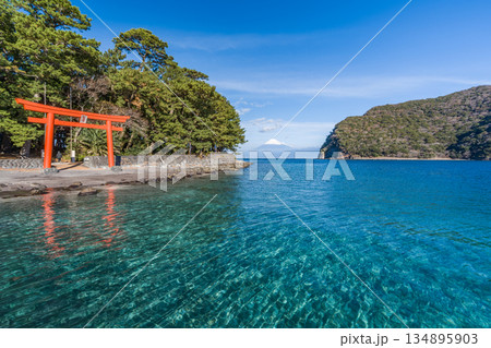 諸口神社　鳥居と駿河湾と富士山　「沼津市戸田」 134895903