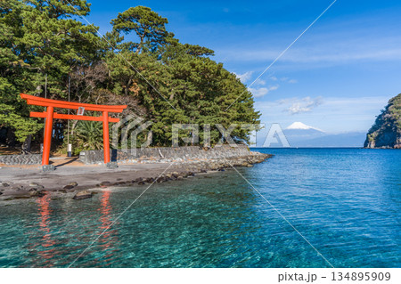 諸口神社 鳥居と駿河湾と富士山 「沼津市戸田」 諸口神社 鳥居と駿河湾と富士山 「沼津市戸田」 134895909